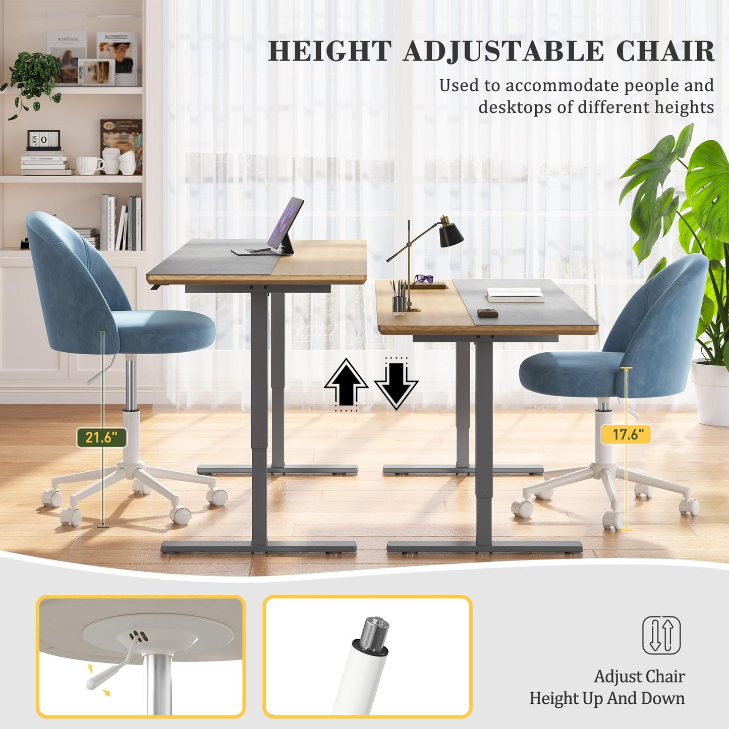 EnHomee Velvet Vanity Chair with Wheels, Armless, Height Adjustable, Blue