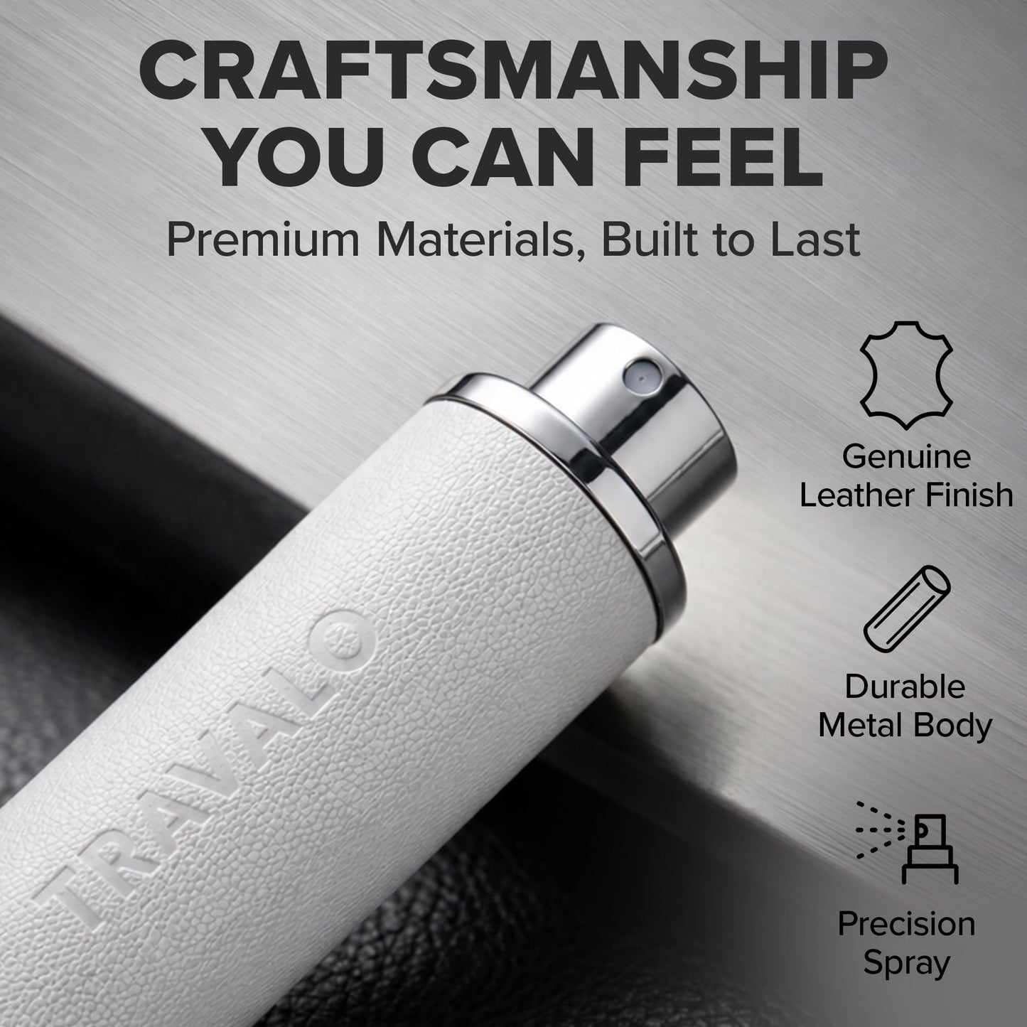 Travalo Walzer Refillable Perfume Atomizer - Pocket-Size, Leak-Proof, Glass-Free Spray Bottle Safe for Air Travel - Mini Perfume Bottle with White Leather Cover