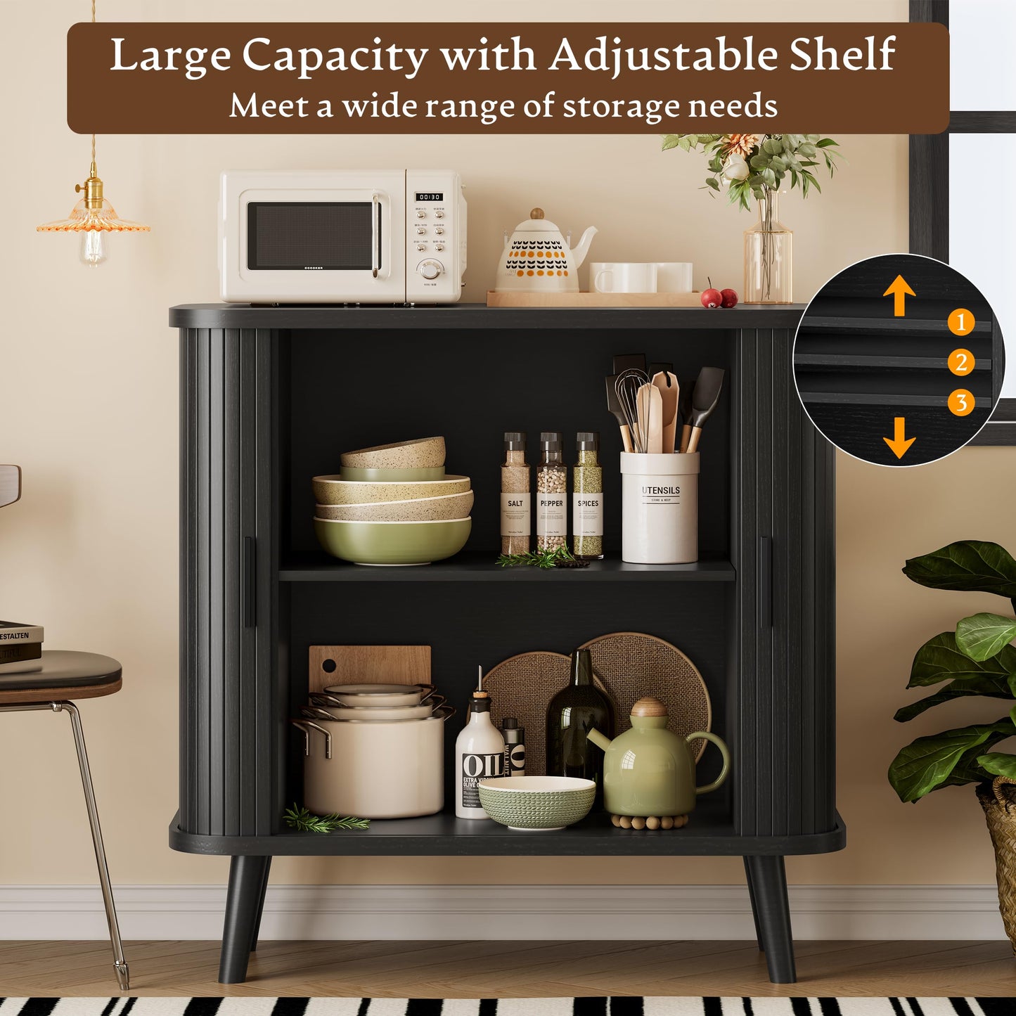 Sideboard Buffet Cabinet with Sliding Door, 31.5" Wide Fluted Modern Accent Storage Cabinet with Adjustable Shelves, Wood Coffee Bar Buffet Console Table for Kitchen, Dining Room, Living Room, Black