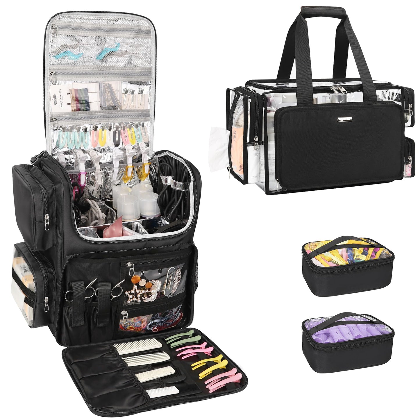 Relavel Hair Tools Travel Bag with Clear Makeup Bag, Hair Stylist BarberBag on Wheels Hairdresser Cosmetology Bag Case with Four 360 Degree Spinner Wheels, Heat Insulation Full Layer for Curling Iron