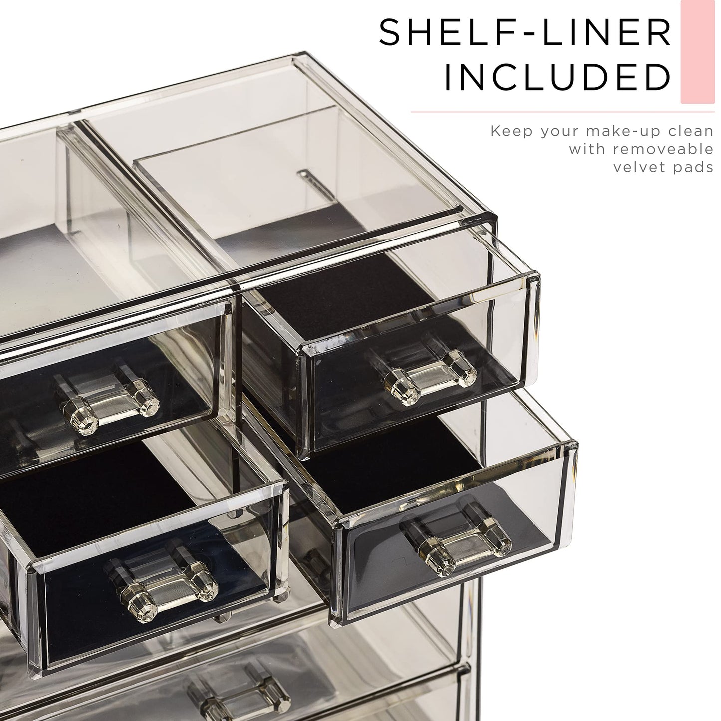 Sorbus Acrylic Makeup Organizer Set, 7-Drawer Vanity & Countertop Cosmetic Storage with Small & Wide Compartments, Black-Tint Makeup Storage for Brushes, Jewelry – Holiday Gift for Women & Teens