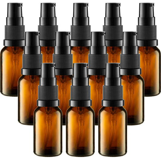 VitalUp 12 Pack Empty Refillable Glass Amber Pump Bottle Ideal for Lotion Cream Essential Oil Travel Small Container, 15ml
