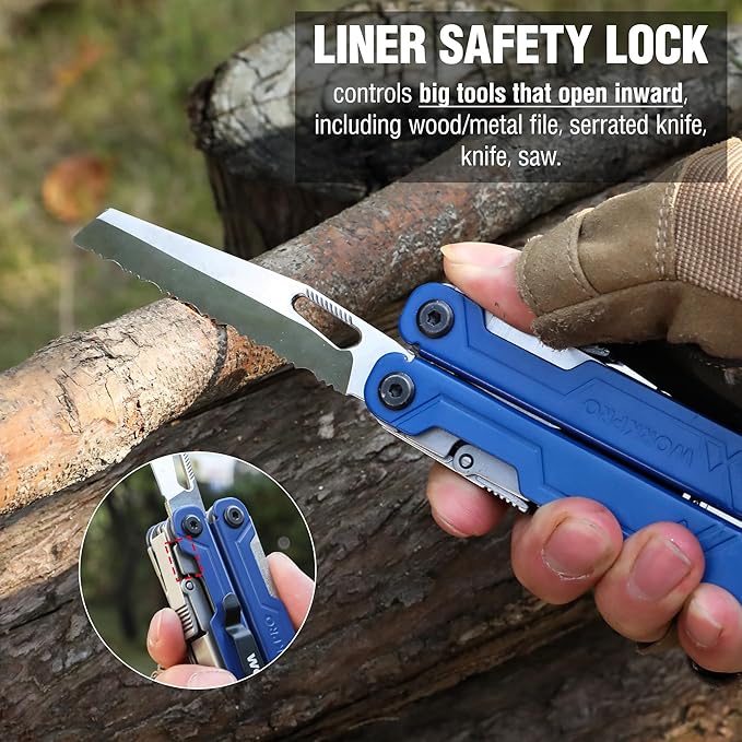 WORKPRO 18-in-1 Multi Tool Pliers, Gifts for Dad, Stainless Steel EDC Multitool with Pocket Knife, 2 Safety Locks, Belt Clip and Oxford Pouch, Multipurpose Utility Multiuse Tool for Outdoor Activities