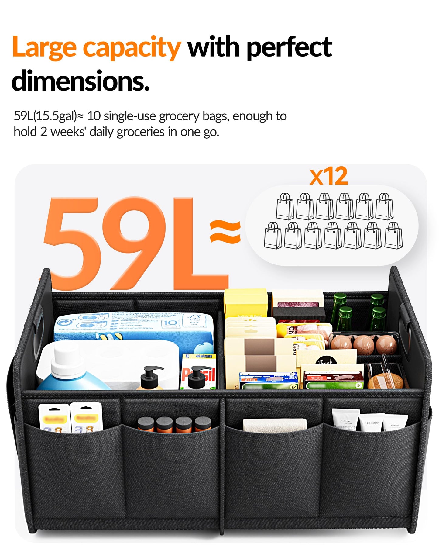 Homeve Car Trunk Organizer for SUV, 15.5Gal Large Capacity No-Sag Heavy Duty, Foldable Waterproof Anti-Slip Storage with 12 Pockets, Fit Sedan,Truck, Universal Car Accessories, Black, 2 Compart,Medium