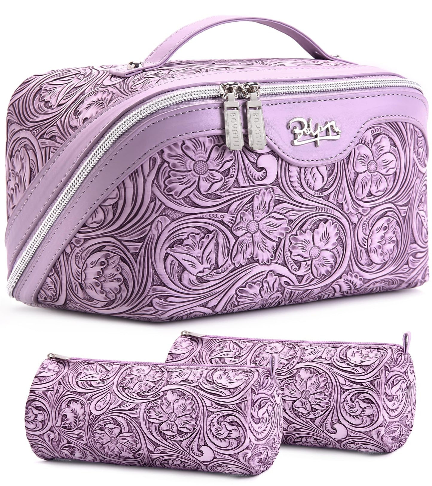 BOYATU Travel Makeup Bags Cosmetic Organizer Bag: 3 Pcs Set Large Capacity Floral Make up Bag with Compartments - Waterproof Leather Toiletry Bags with Handle for Women (21-Purple)