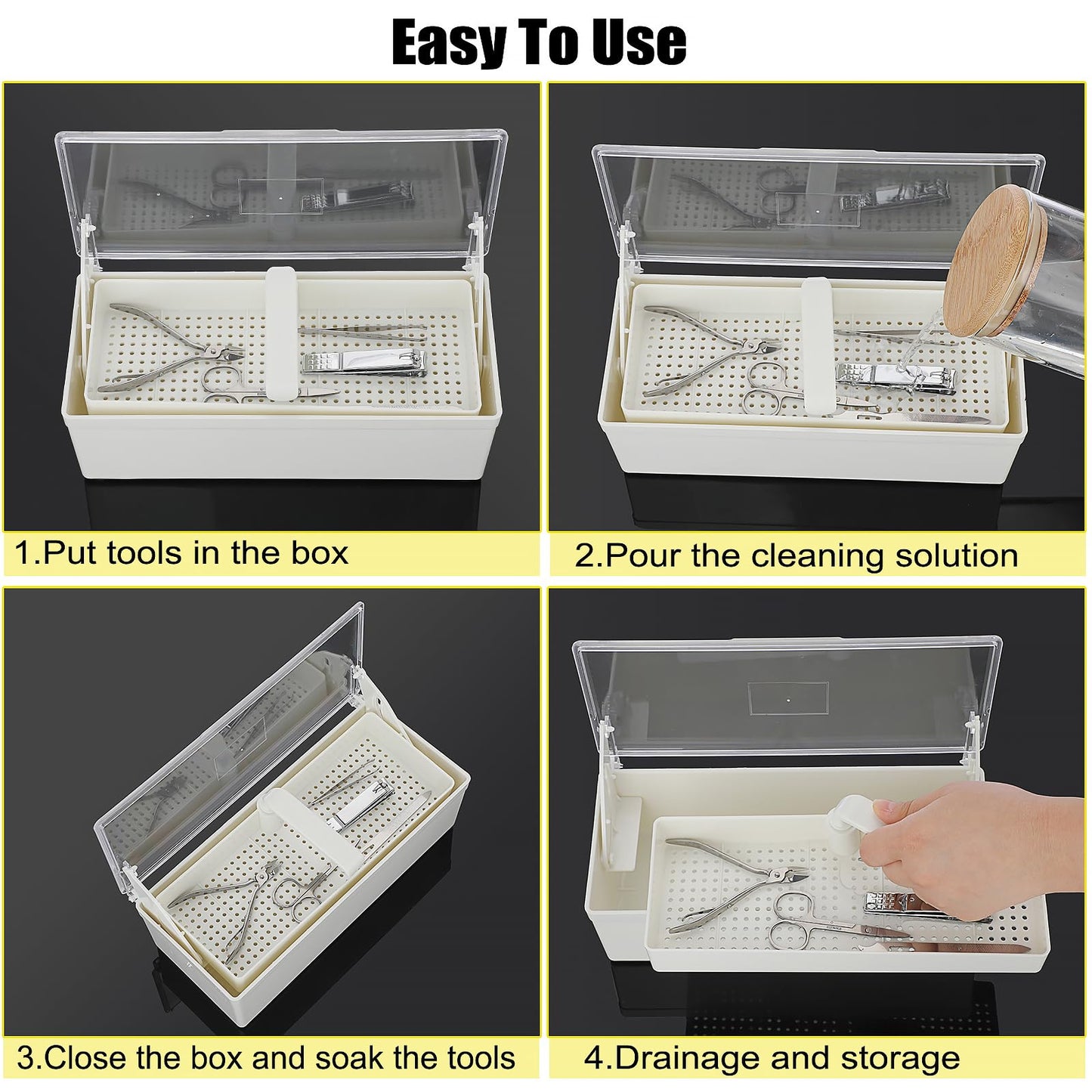 JUXYES Plastic Sterilizing Tray for Nail Art Accessories Tools, Portable Nail Art Tool Sterilizer Tray with Strainer, Storage Box Tool Box for Tweezer Manicure Tools Pedicure Tool