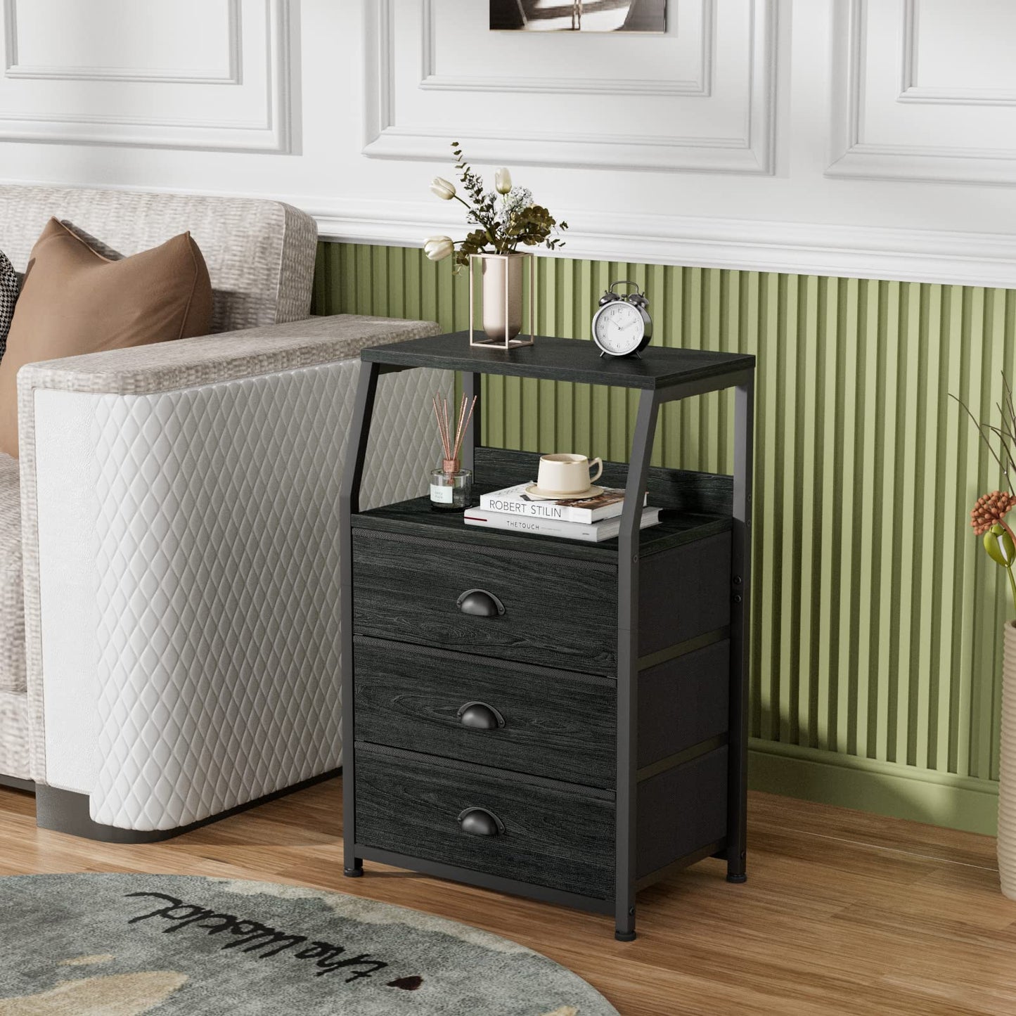 Furnulem Black Night Stand, Small Dresser for Bedroom, Nightstand with 3 Fabric Storage Drawers and 2-Tier Shelf, End Table Side Furniture for Closet, Hallway, Nursery, Sturdy Steel Frame, Wood Top