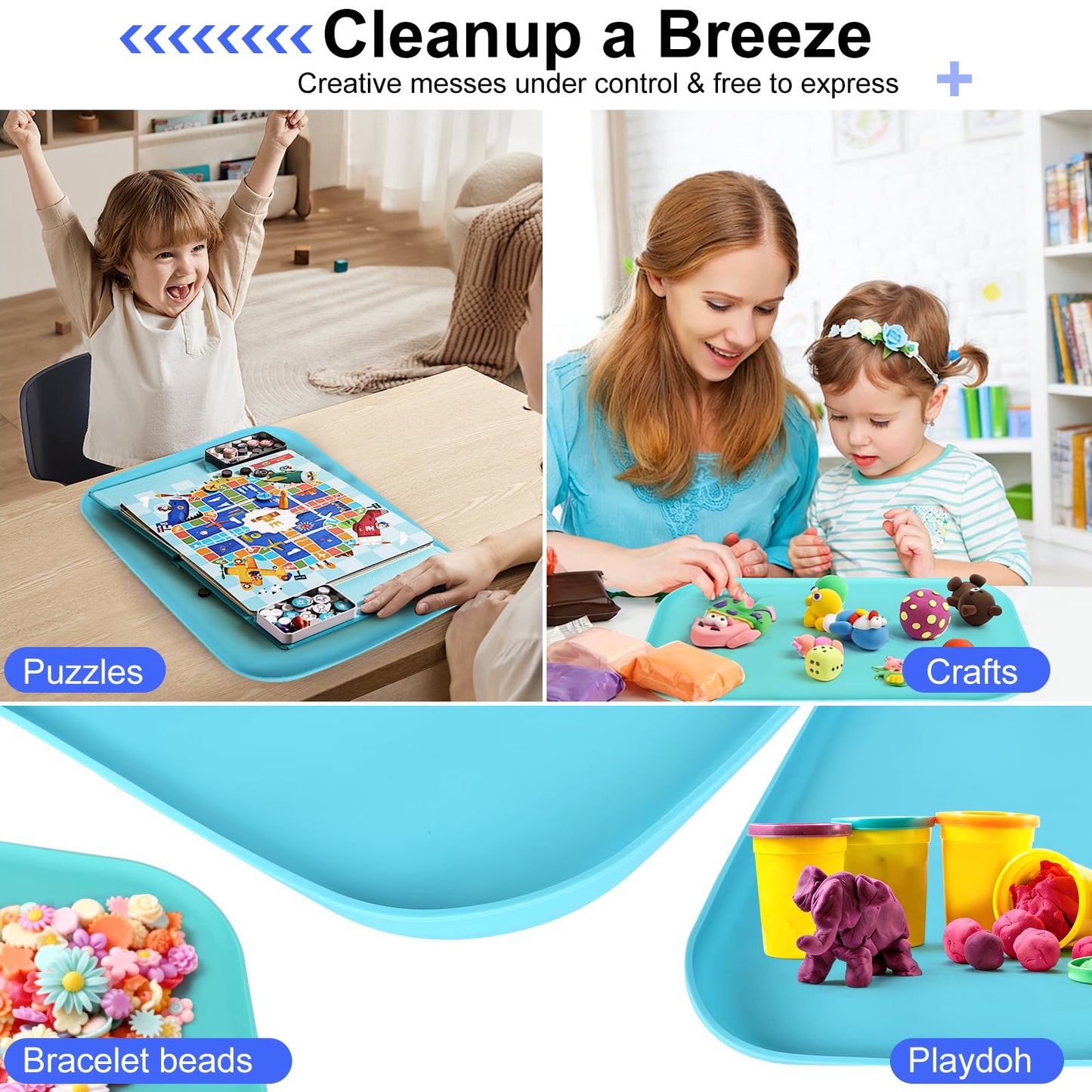 2 Pack Silicone Art Mats for Kids, 24 & 17 Inch Large Silicone Mat with Raised Lip, Rollable Washable Craft Mats for Playdough, Painting, Puzzles, Lego, Bead, Resin, Blue Mint