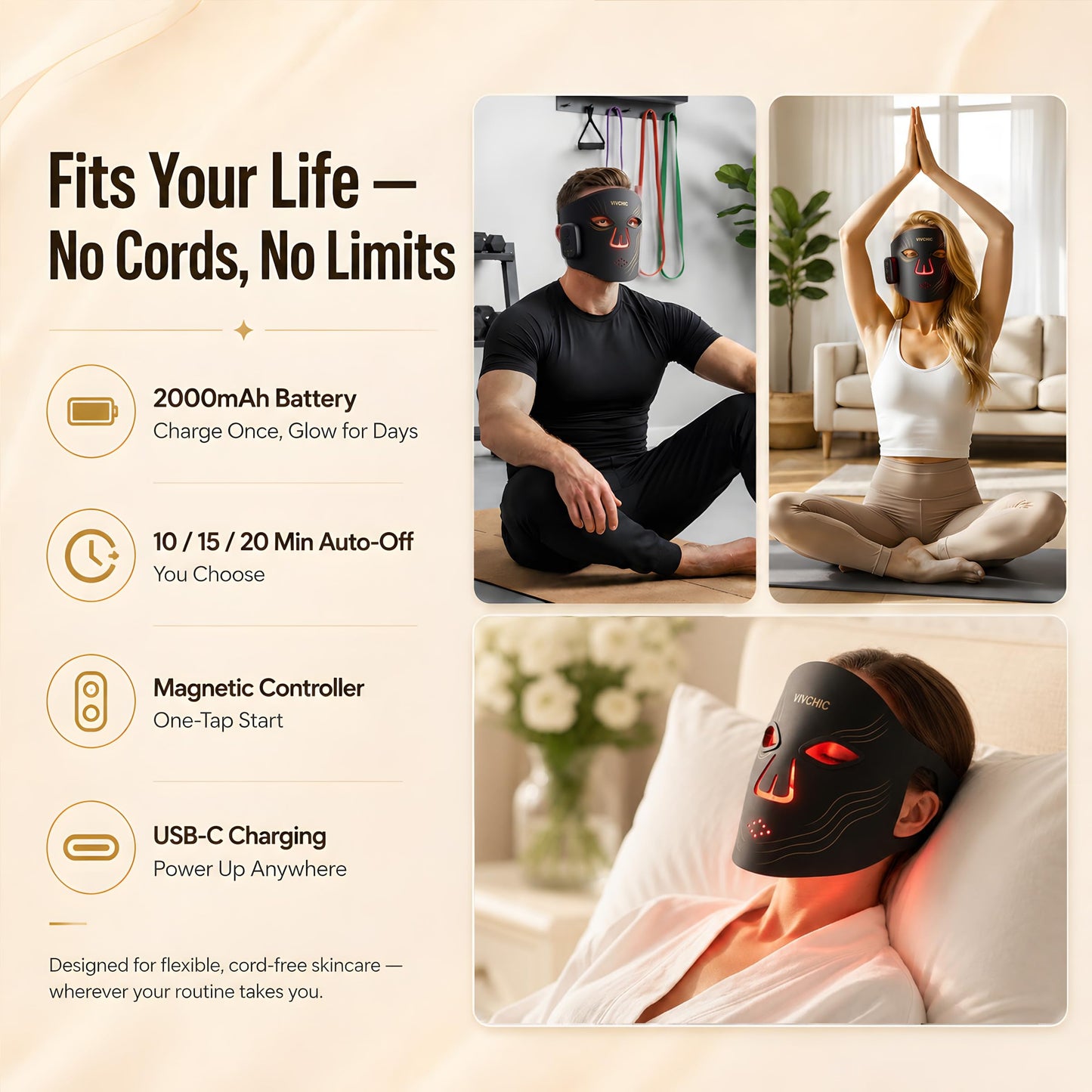 VIVCHIC Wireless LED Face Mask for Red Light Therapy, 336 LEDs, 4 Wavelengths