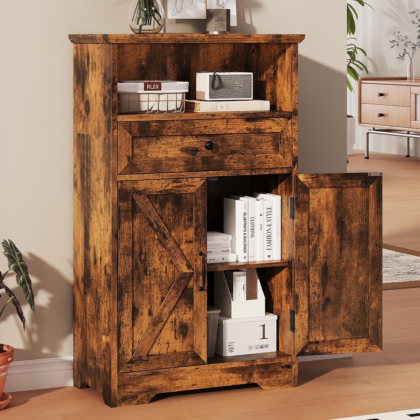 Viroformo Floor Cabinet, Farmhouse Storage Cabinet with Barn Doors and Drawer, 11.81" D x 23.62" W x 39.37" H Rustic Brown Freestanding Adjustable Shelf Organizer for Bathroom, Kitchen, Living Room