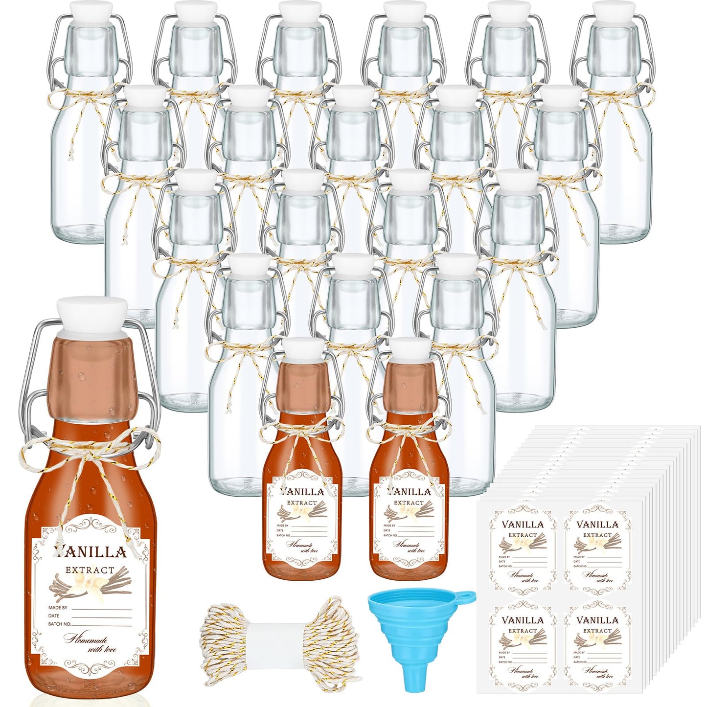 Queekay 20 Pack Mini Swing Top Glass Bottles for Vanilla Extract Homemade Olive Oil Bottles with Lids Airtight Cap Lids Labels for Wedding Baby Shower Favors(Clear,4oz)