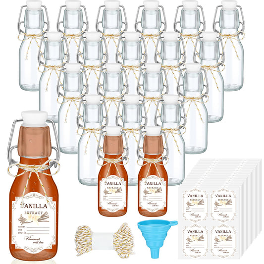 Queekay 20 Pack Mini Swing Top Glass Bottles for Vanilla Extract Homemade Olive Oil Bottles with Lids Airtight Cap Lids Labels for Wedding Baby Shower Favors(Clear,4oz)