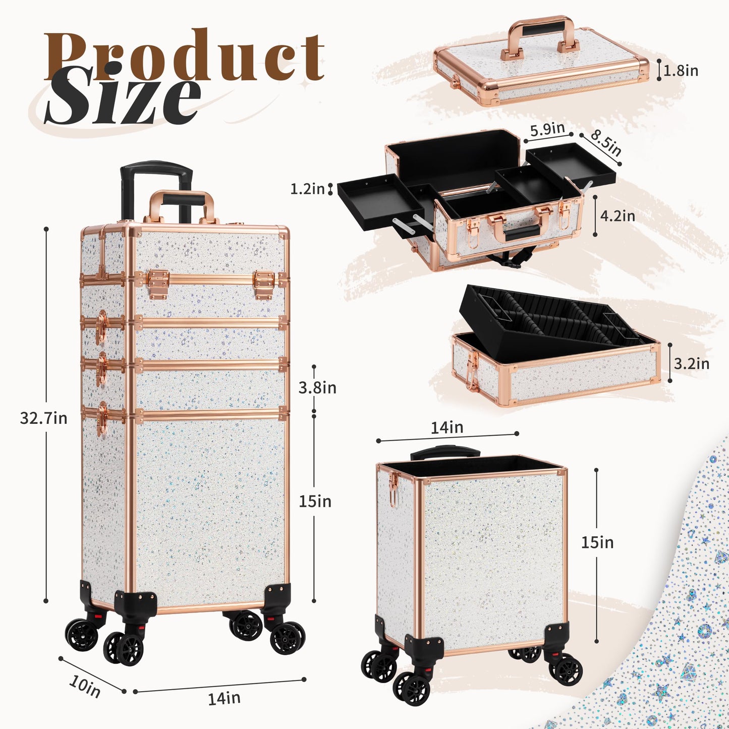 AROUS Rolling Makeup Train Case 5 in 1 Cosmetology Case on Wheels Large Cosmetic Organizer Travel Cart for Hairstylist Artist Nail Beauty Salon Barber,White