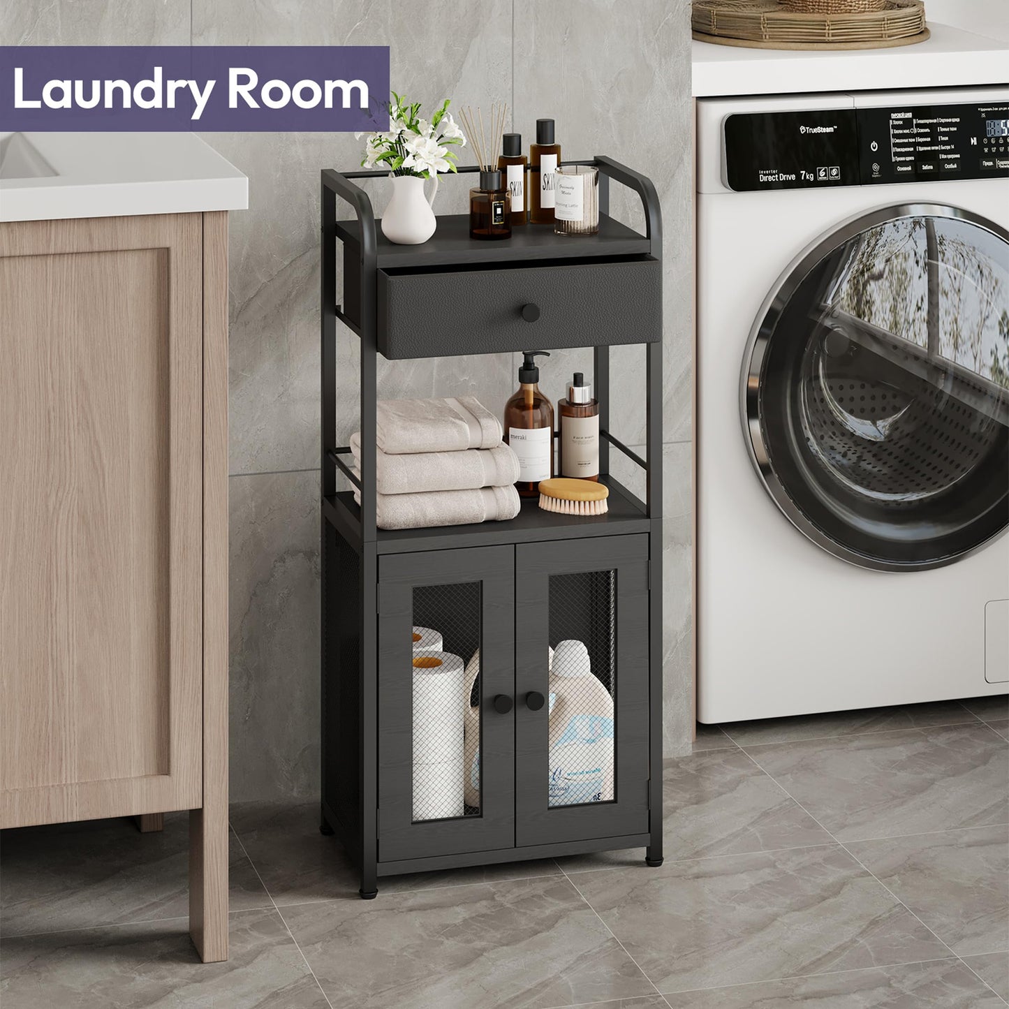 SWTYMIKI 14.57"x32.28" Bathroom Storage Cabinet – Freestanding Toilet Paper Storage with Doors & Drawer, Bathroom Organizers and Storage for Small Spaces, Laundry Room, Ideal for Towels, Black