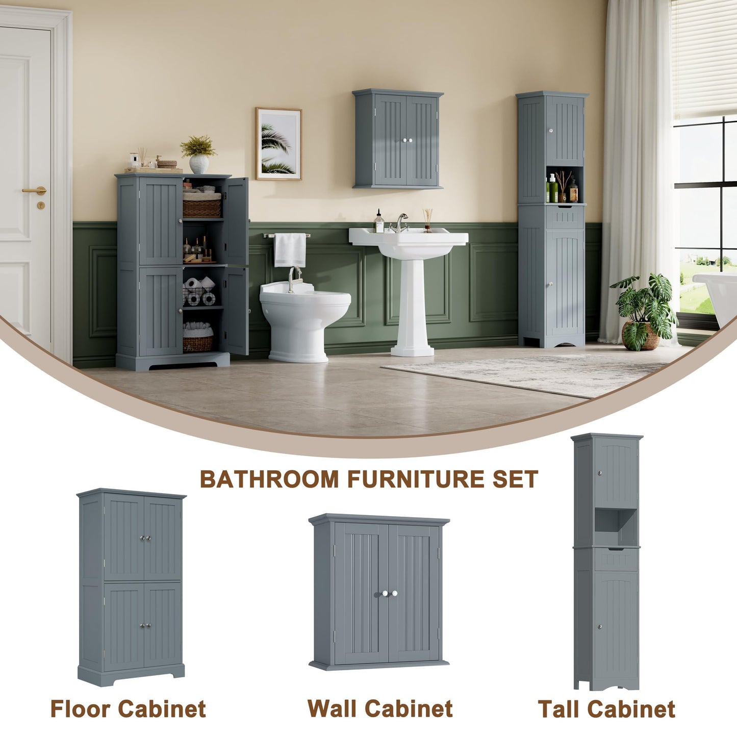 ChooChoo Bathroom Floor Cabinet, Modern Bathroom Storage Cabinet with 4 Doors and Adjustable Shelves, Freestanding Cupboard for Living Room, Grey