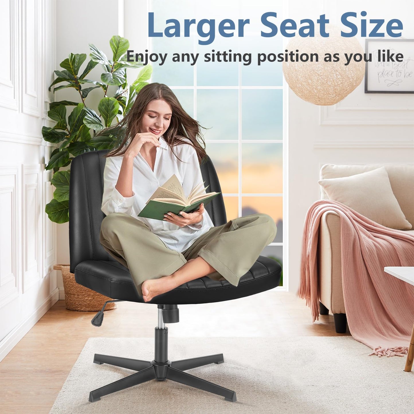 DUMOS Criss Cross Chair No Wheels, Wide Seat Cross Legged Office Desk Vanity Chair, Faux Leather Armless Height Adjustable Swivel Task Computer Chairs for Home, Study, Black PU