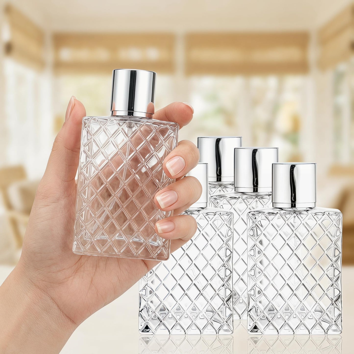 Lawei 6 Pack Refillable Spray Bottles Perfume Atomizer, 100ML 3.4oz Glass Empty Fine Mist Spray Bottle, Clear Portable Square Fragrance Dispenser Bottle with Sprayer for Travel, Silver