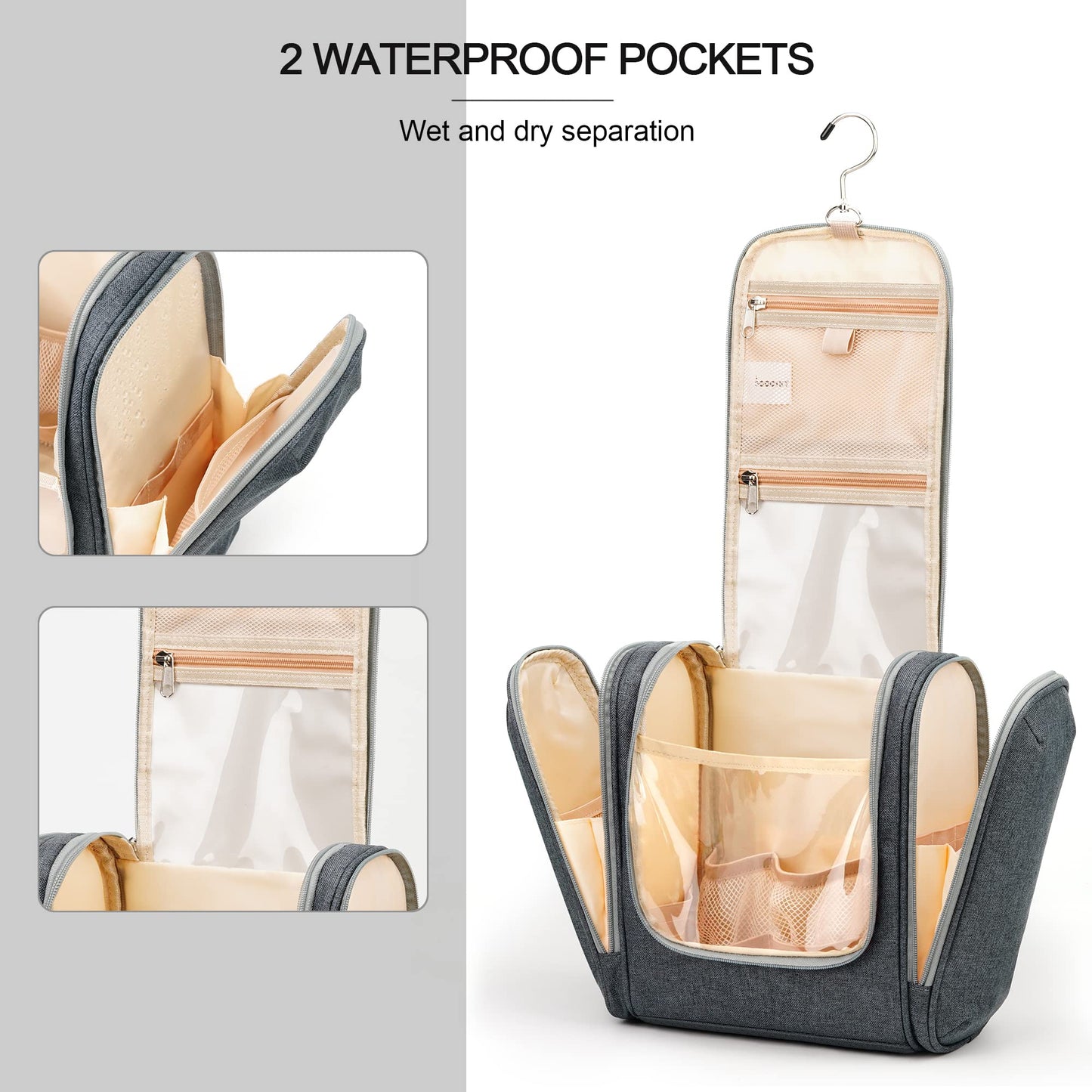 COOSKY Hanging Toiletry Bag for Women & Men, Cruise Ship Travel Essentials, Holds Full Size Shampoo, with Dry and Wet Separation Cosmetic Bag, Makeup Organizer Bag, Bathroom Water-resistant Bag, Grey