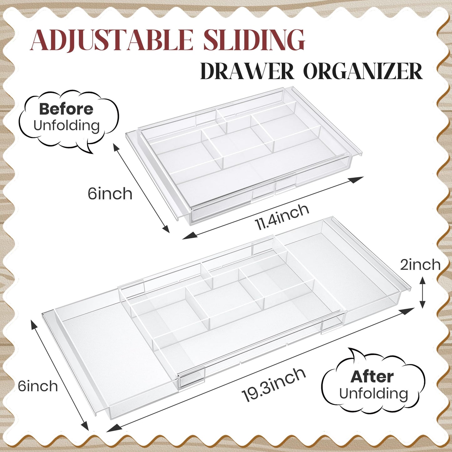 Dunkive 4pack Shallow Expandable Drawer Organizer, Adjustable 12.5”–20” Clear Plastic Drawer Organizer Tray for Vanity Bathroom Desk Kitchen Drawers, Multi Compartment Storage
