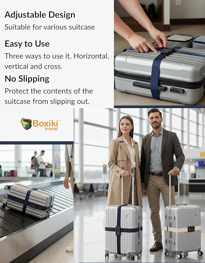 TSA Approved Luggage Straps – Set of 2 Anti-Burst Adjustable Polyester Suitcase Belts with 3-Dial Combination Lock – Prevents Accidental Opening, Secure Travel (Beige)