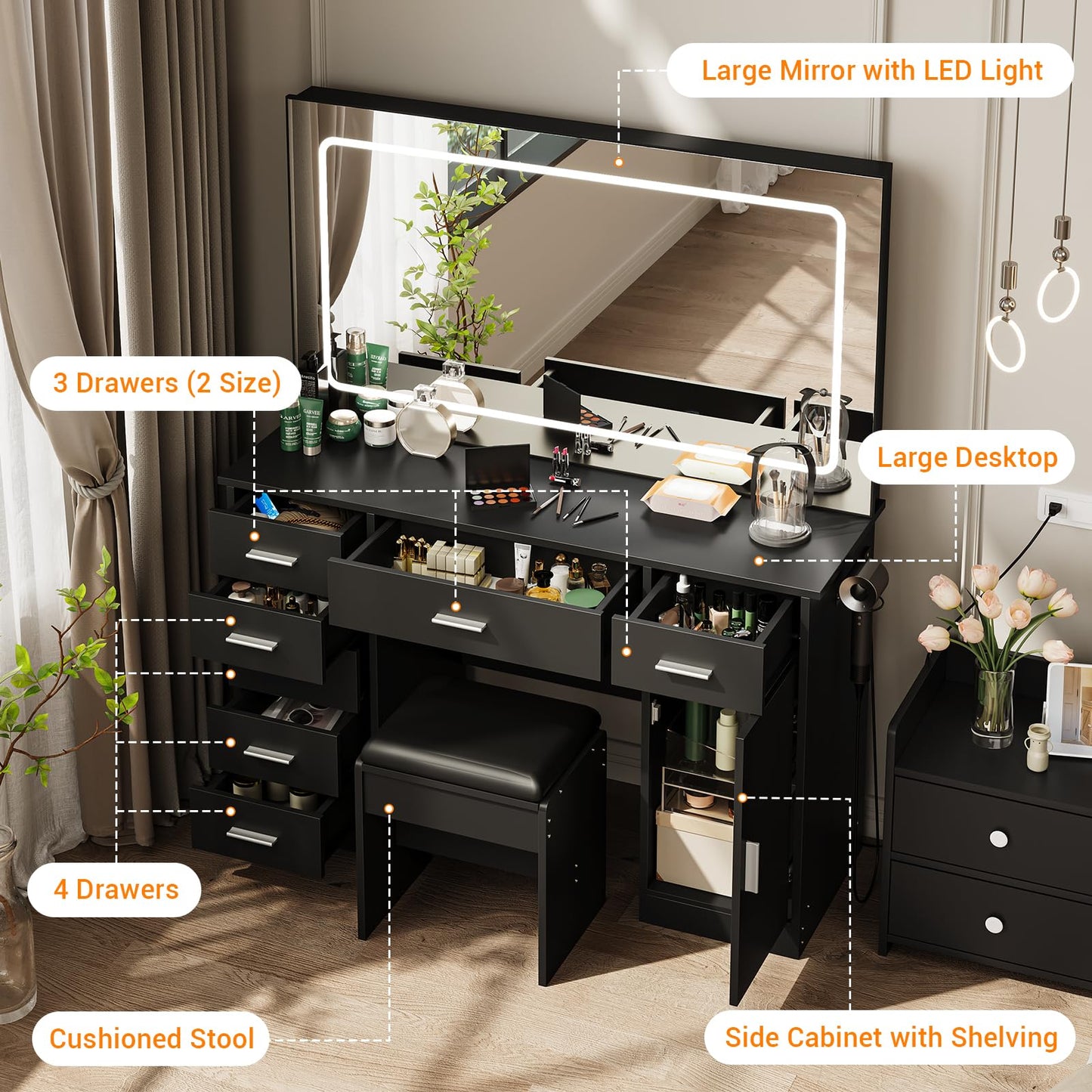 GarveeHome Vanity Desk with Large Mirror and Lights, Makeup Vanity with Charging Station, 3 Lighting Modes Adjustable Brightness, Vanity Table Set with 7 Drawers, Makeup Table for Bedroom