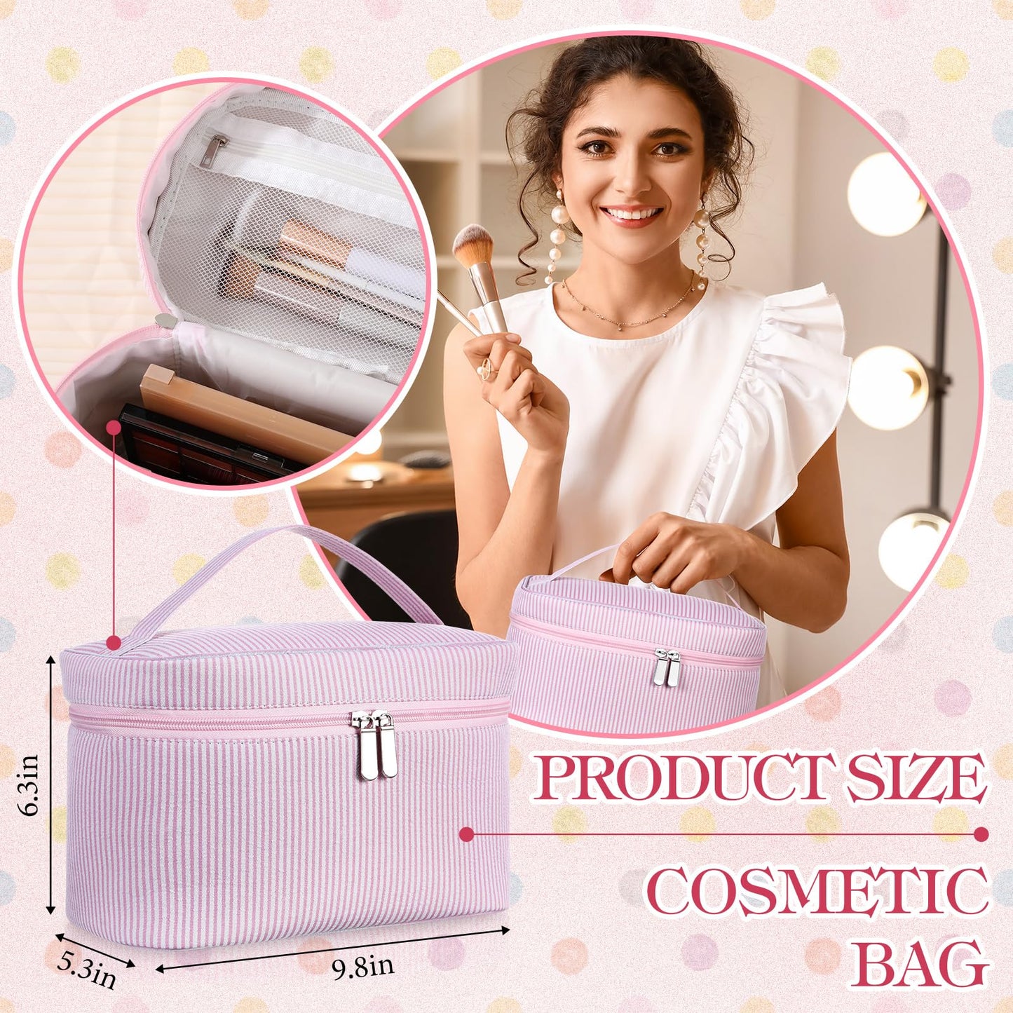 Huhumy Large Makeup Bag for Women Toiletry Bag, Aesthetic Cute Seersucker Cosmetic Pouch, Teen Gift for Her Mom Girlfriend Wife Teacher Aesthetic Skincare Brushes Storage Organizer(Pink)