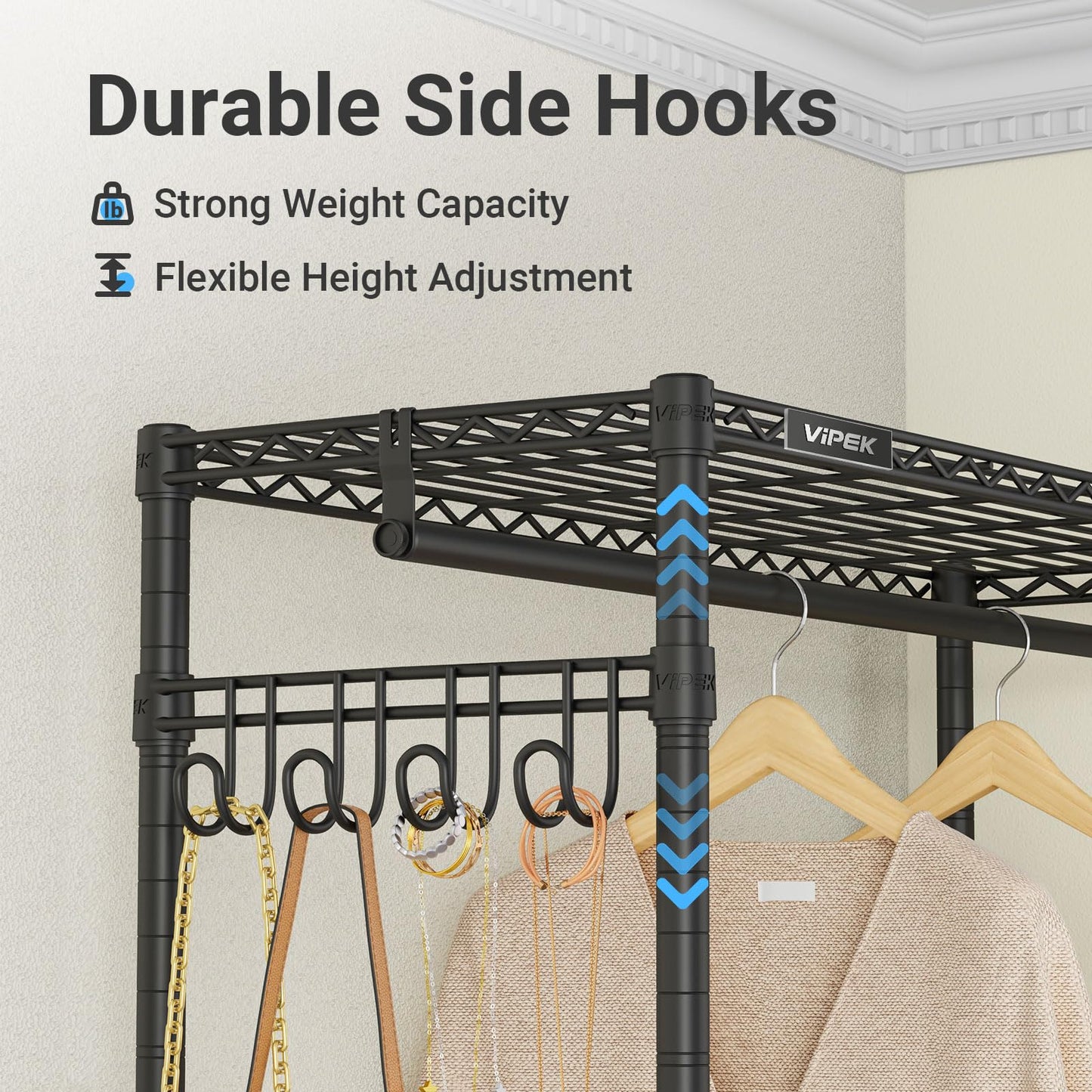 VIPEK R2 Medium Rolling Clothes Rack Heavy Duty Clothing Rack for Hanging Clothes Adjustable Metal Wire Shelving Portable Closet with Wheels Side Hooks, Freestanding Closet Wardrobe, Black