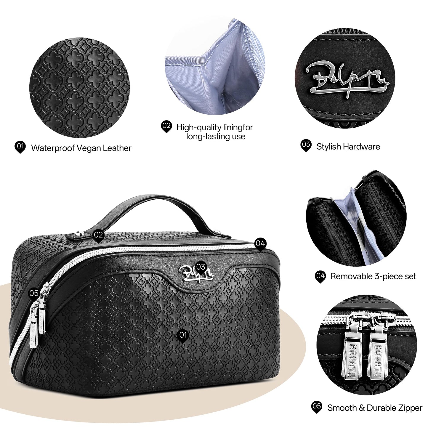 BOYATU Travel Makeup Bag for Women: Four Leaf Clover Large Capacity 3 Pcs Set Cosmetic Bags - Waterproof 50% Extra Space for Toiletry Organizer - Travel Essentials for Fortunate (06 Black)