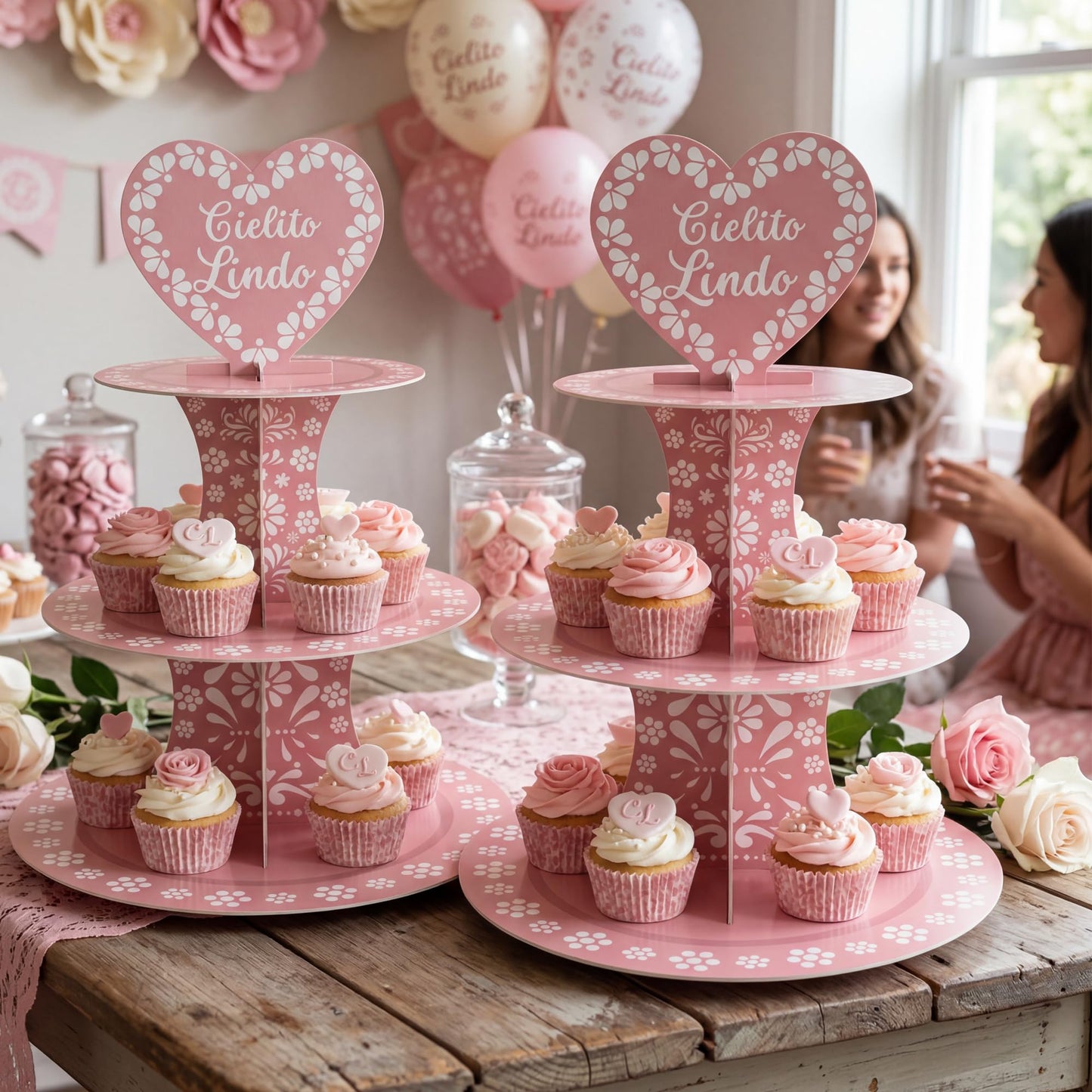 2PCS Pink Mexican Terracotta Cupcake Stand, 3 Tier Cupcake Dessert Tower