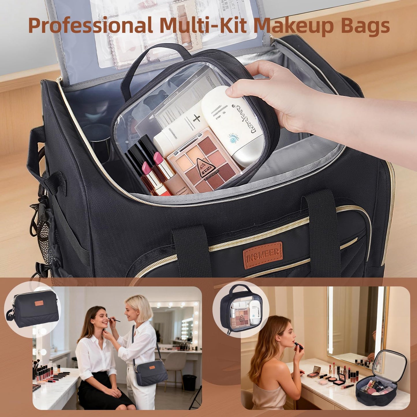 INSMEER Rolling Makeup Train Case with 3 Removable Clear Bags and 1 Shoulder Bag,Makeup Artist Hairstylists Bags Cosmetic Storage Organizer with Adjustable Dividers