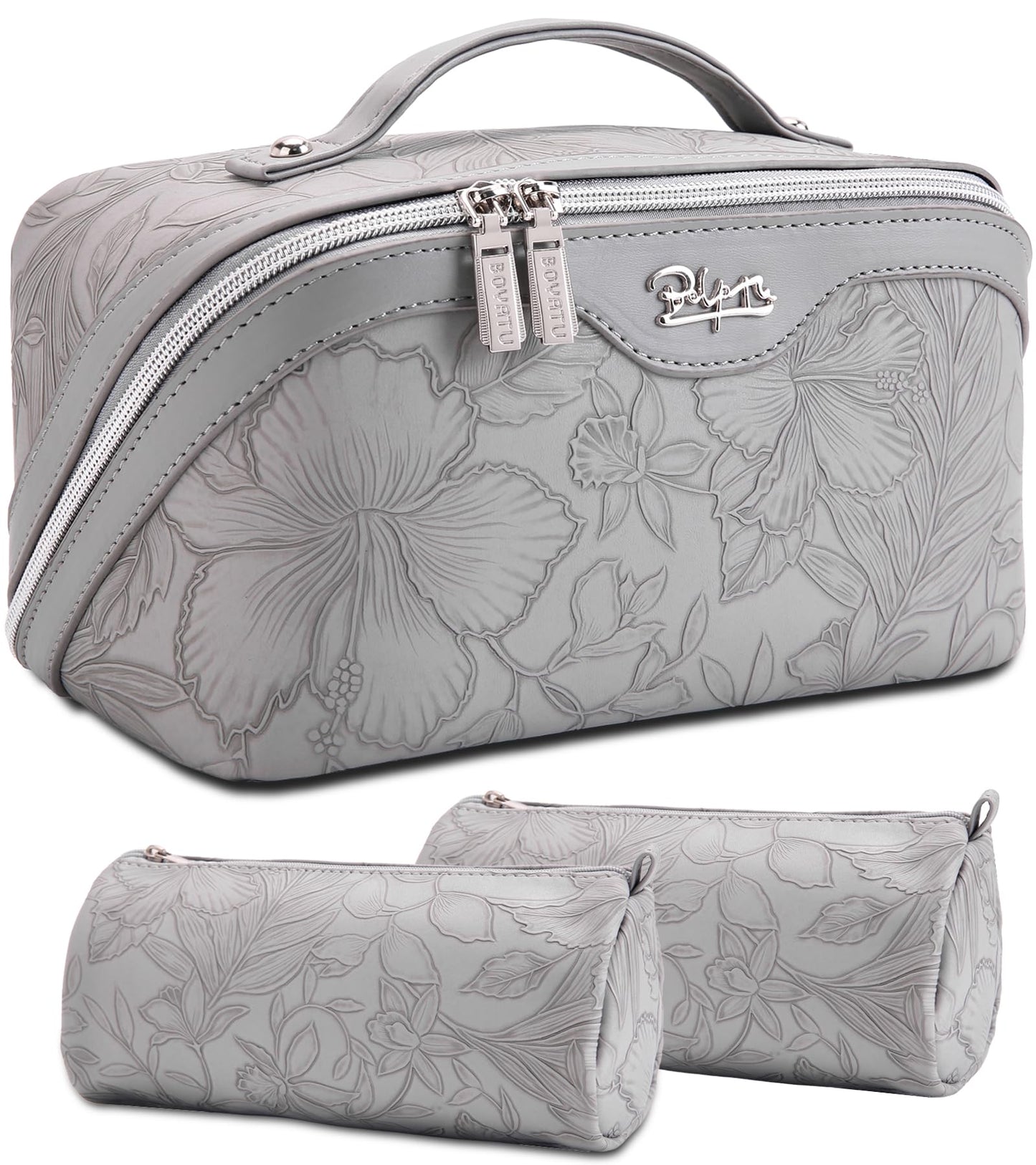 BOYATU Travel Makeup Bags Cosmetic Organizer Bag: 3-Set Large Capacity Make up Bag - PU Leather Toiletry Bags for Women - Wide Open Portable Pouch with Divider & Handle (16-Grey-2)