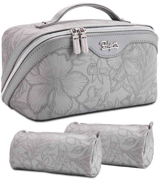 BOYATU Travel Makeup Bags Cosmetic Organizer Bag: 3-Set Large Capacity Make up Bag - PU Leather Toiletry Bags for Women - Wide Open Portable Pouch with Divider & Handle (16-Grey-2)