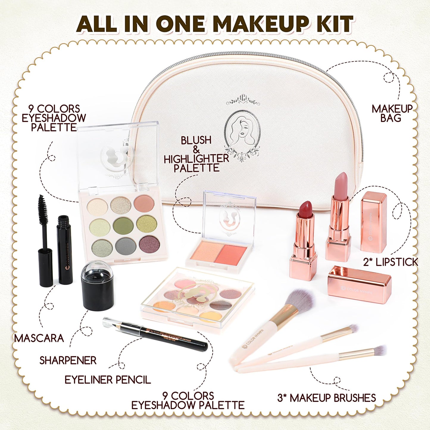Color Nymph All In One Makeup Kit, Makeup Gift Set for Teens Girls with Eyeshadow Palette Blush Lipstick Lip Pencil Eye Pencil Brush Mascara Portable Bag - White
