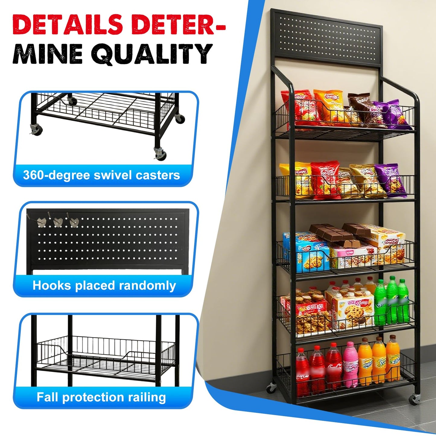 5 Tier Retail Candy Display Rack Metal Storage Shelf with Wheels & 15 Hooks Concession Candy Snack Display Racks Sturdy and Stable Chip Shelf Rack for Stores, Kitchen, Office (5 Tier Black 50cm)