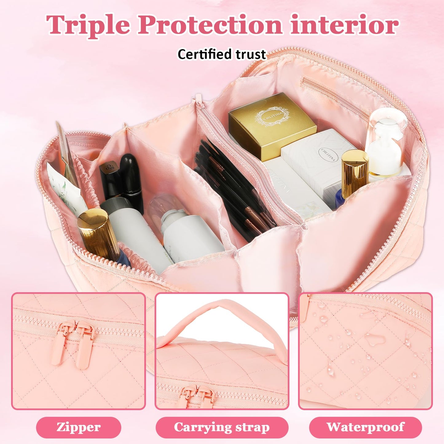 XSMNER Travel Makeup Bag, Festivalment Wide Open Lay-Flat Water-Resistant Cosmetic Case, Puffy Padded Organizer for Toiletries & Brushes Large Capacity with Compartments (Pink)
