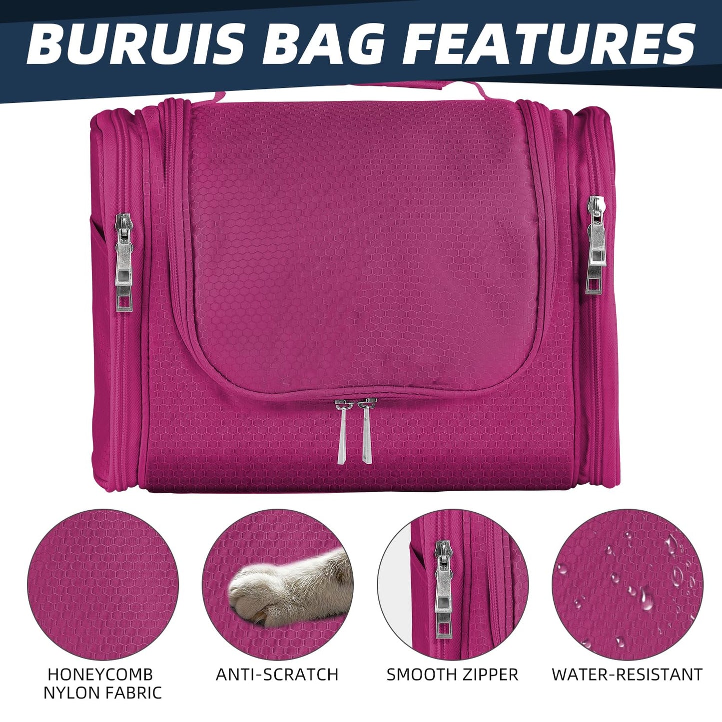 Buruis Large Capacity Waterproof Toiletry Bag for Women, Hanging Toiletry Organizer, 11"x 6.2"x 8.8", Fushcia