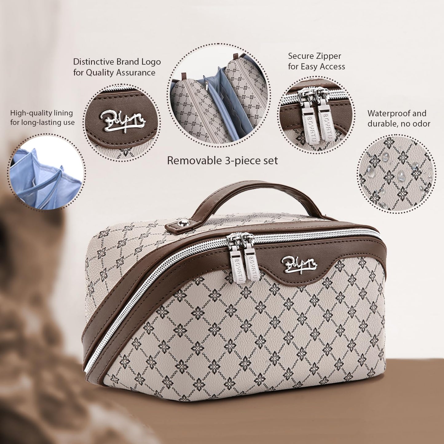 BOYATU Travel Makeup Bag Cosmetic Bags for Women: 3 Pcs Set Large Capacity Make up Bag with Handle - Vegan Leather Toiletry Bags with Compartments - Makeup Organizer for Travel Essentials(A-2-Khaki)