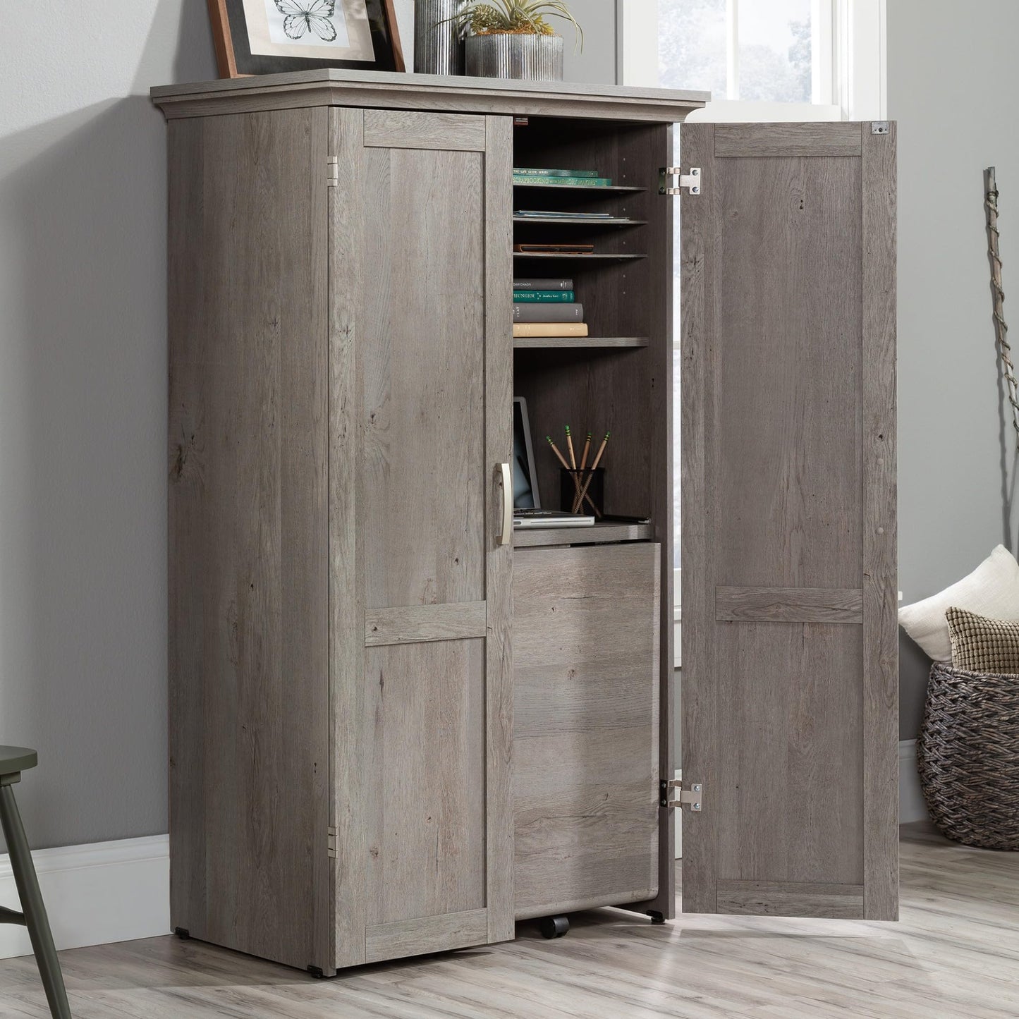 Sauder Miscellaneous Storage Craft & Sewing Armoire, L: 35.112" x W: 21.81" x H: 61.58", Mystic Oak