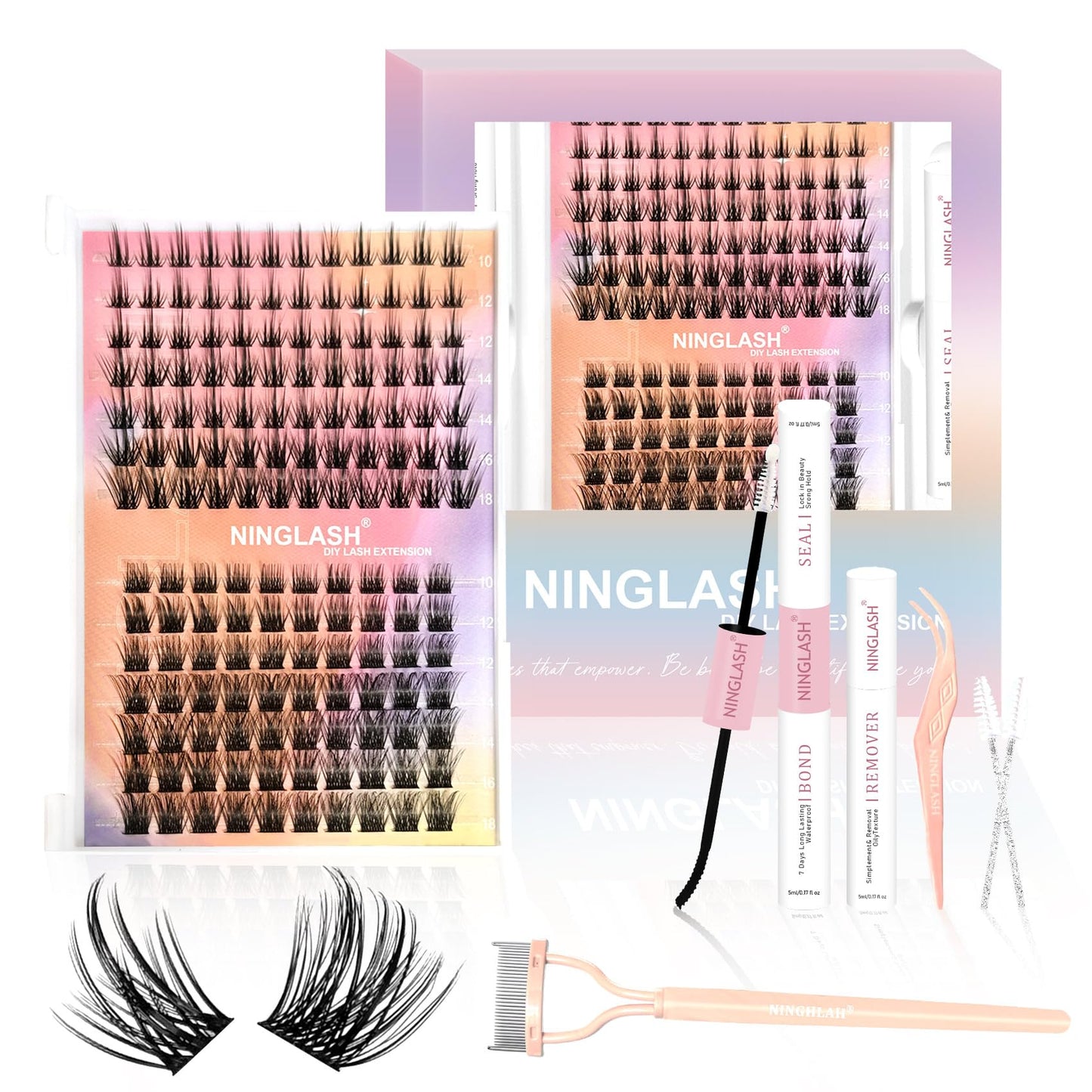 NINGLASH Royale Lash Clusters Kit Wispy DIY Eyelash Extension, 2 Styles 154pcs Individual Natural Lashes Spikes Cluster Eyelashes Lash Bond and Seal Remover Tweezer Comb Brush