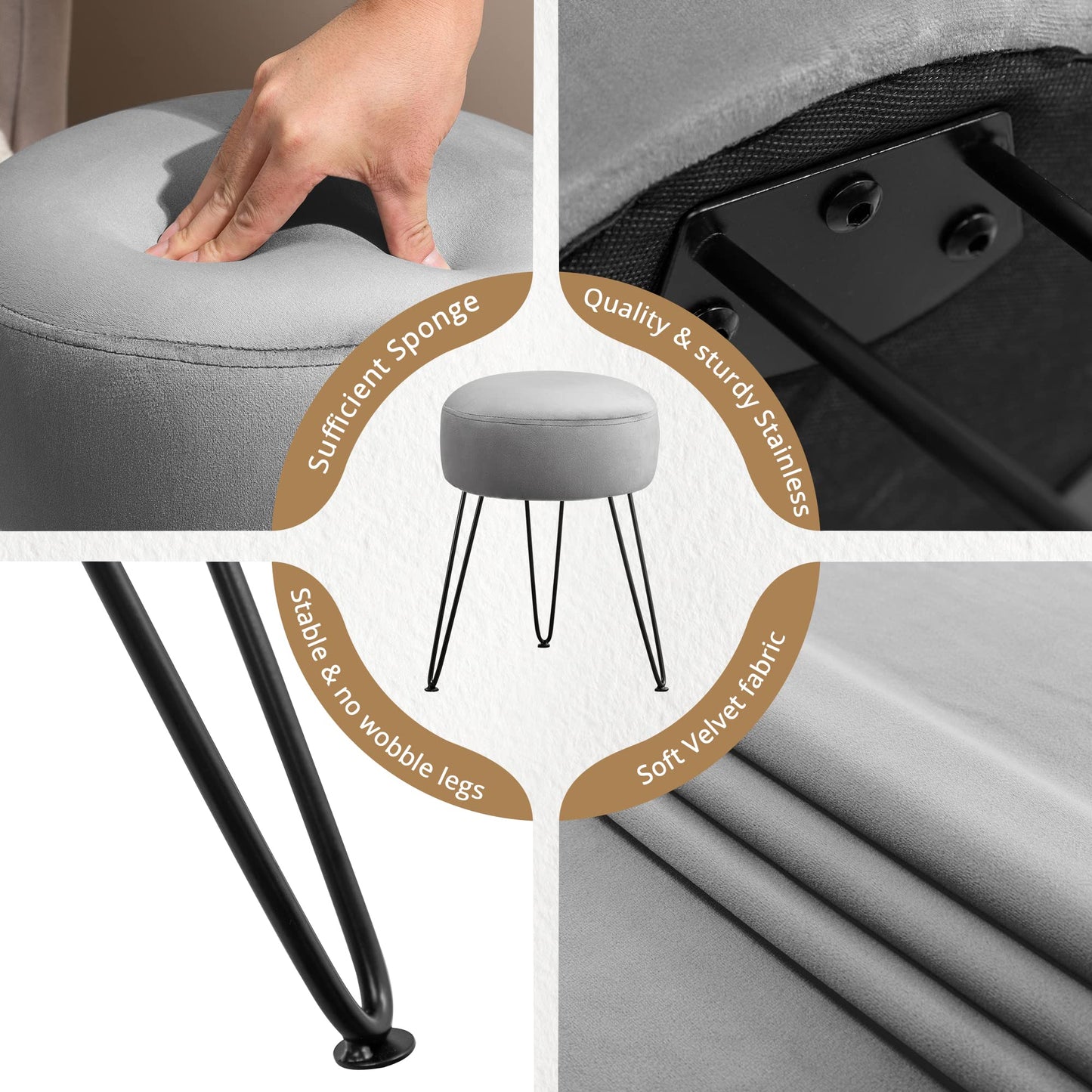 LUE BONA Vanity Stool, Gray Vanity Stools for Makeup Room, Round Ottoman Foot Stool, Velvet Footrest Vanity Chair for Bathroom Vanity, Bedroom, Living Room, Entryway, Offices, 300lbs
