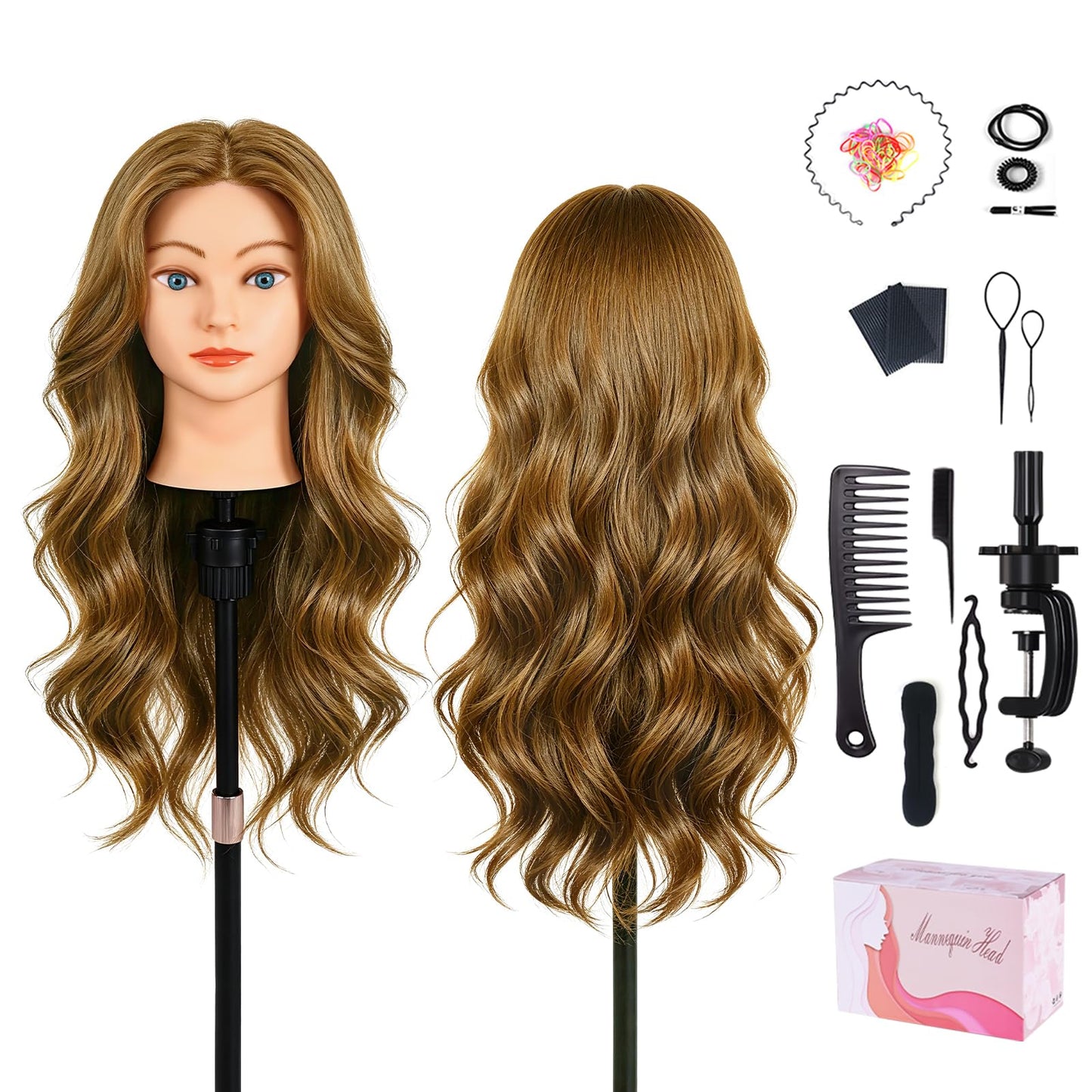 Mannequin Head with 100% Human Hair,22''Real Hair Cosmetology Mannequin Manikin Head Hair Styling Hairdressing Practice Training Doll Head Hairs with Clamp Holder and Tools(Light Brown Blue Eyes)