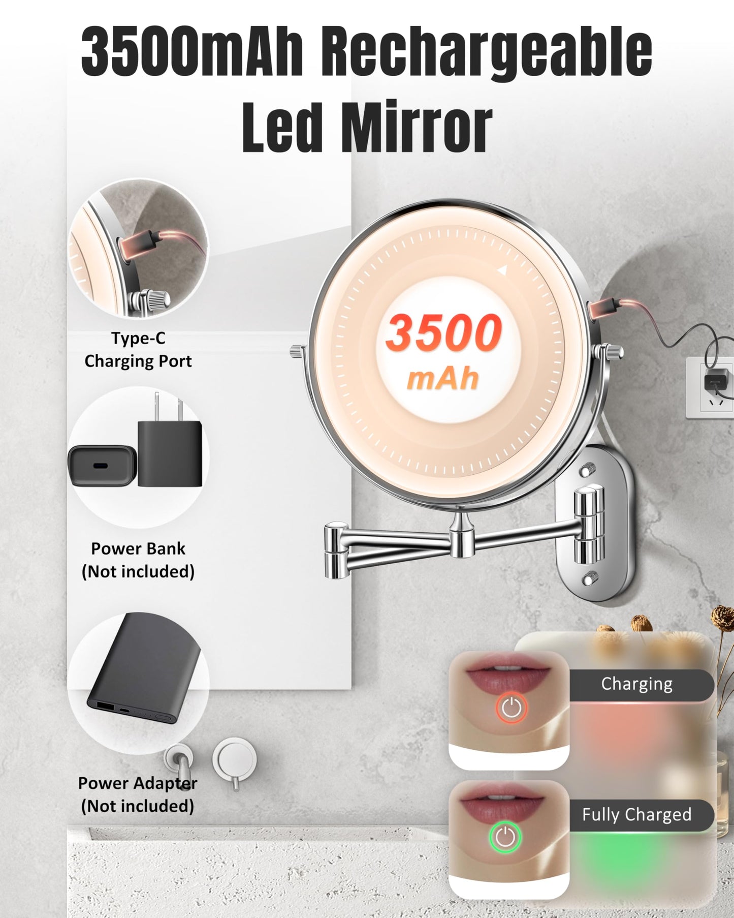 Wall Mounted Makeup Mirror with Light, 30X/1X 8'' Double Sided LED Magnifying Bathroom Lighted Vanity Mirror with Magnification, 3 Color Light up Touch Dimmable Extended Arm 360 Rotation