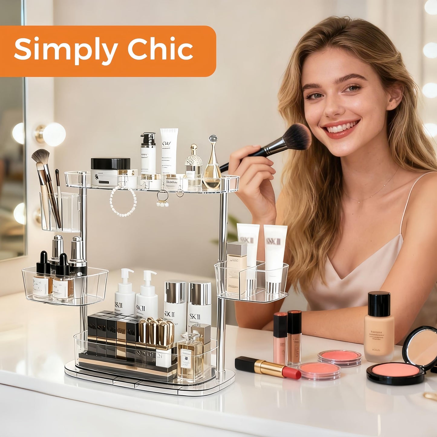 YOSHIONAL 360°Rotating Makeup Organizer,Makeup Organizer Countertop with Brush Holder and Perfume Stand,Bathroom Counter Organizer,Skincare Holder Stand for Vanity,Detachable Hanging Hooks