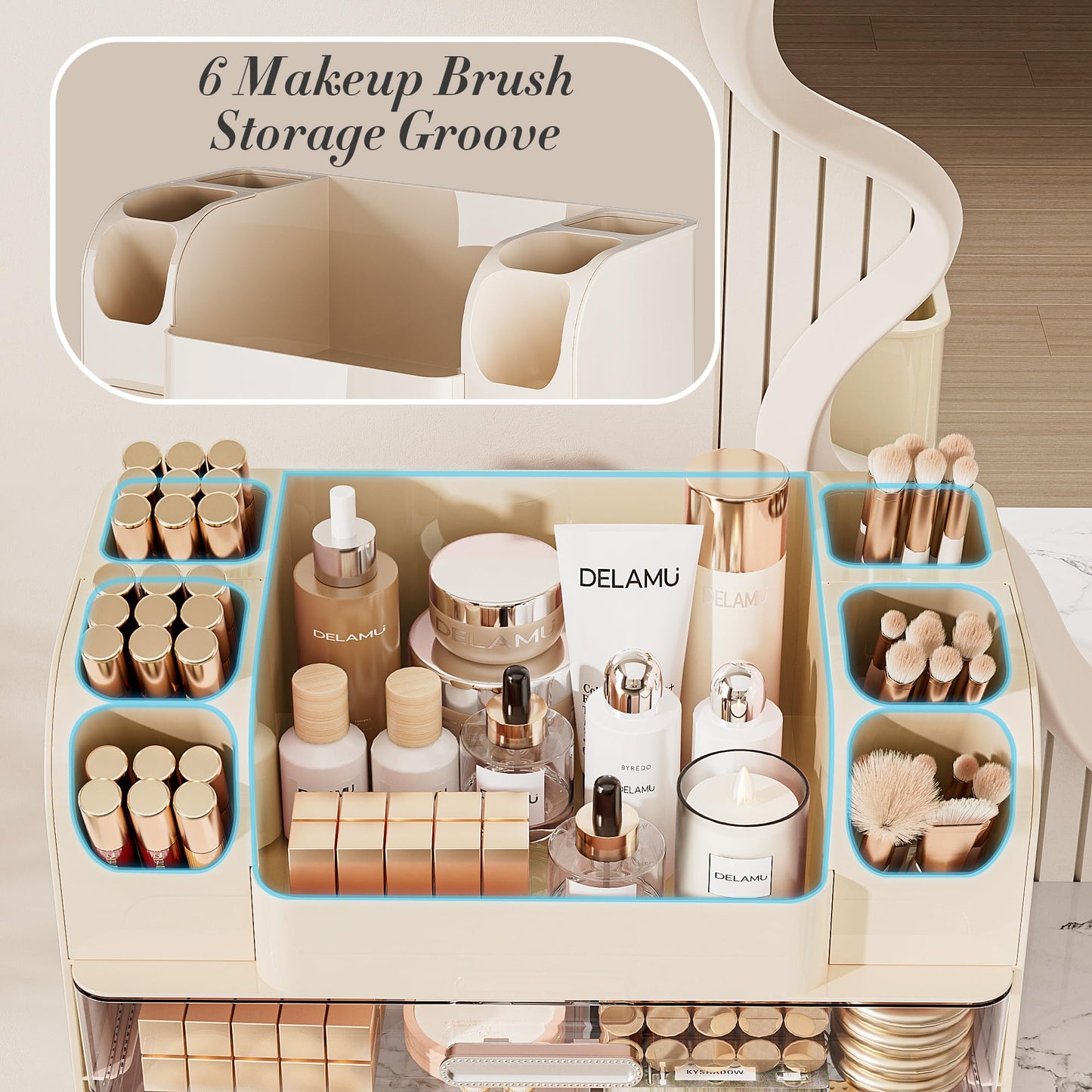 Delamu Large Makeup Organizer Countertop with 6 Brush Holders, Makeup Organizers for Vanity with 2 Large Drawers, Easy to Store Skincare, Lipsticks, Nail Polishes, Eyeshadow Palettes, Cream White