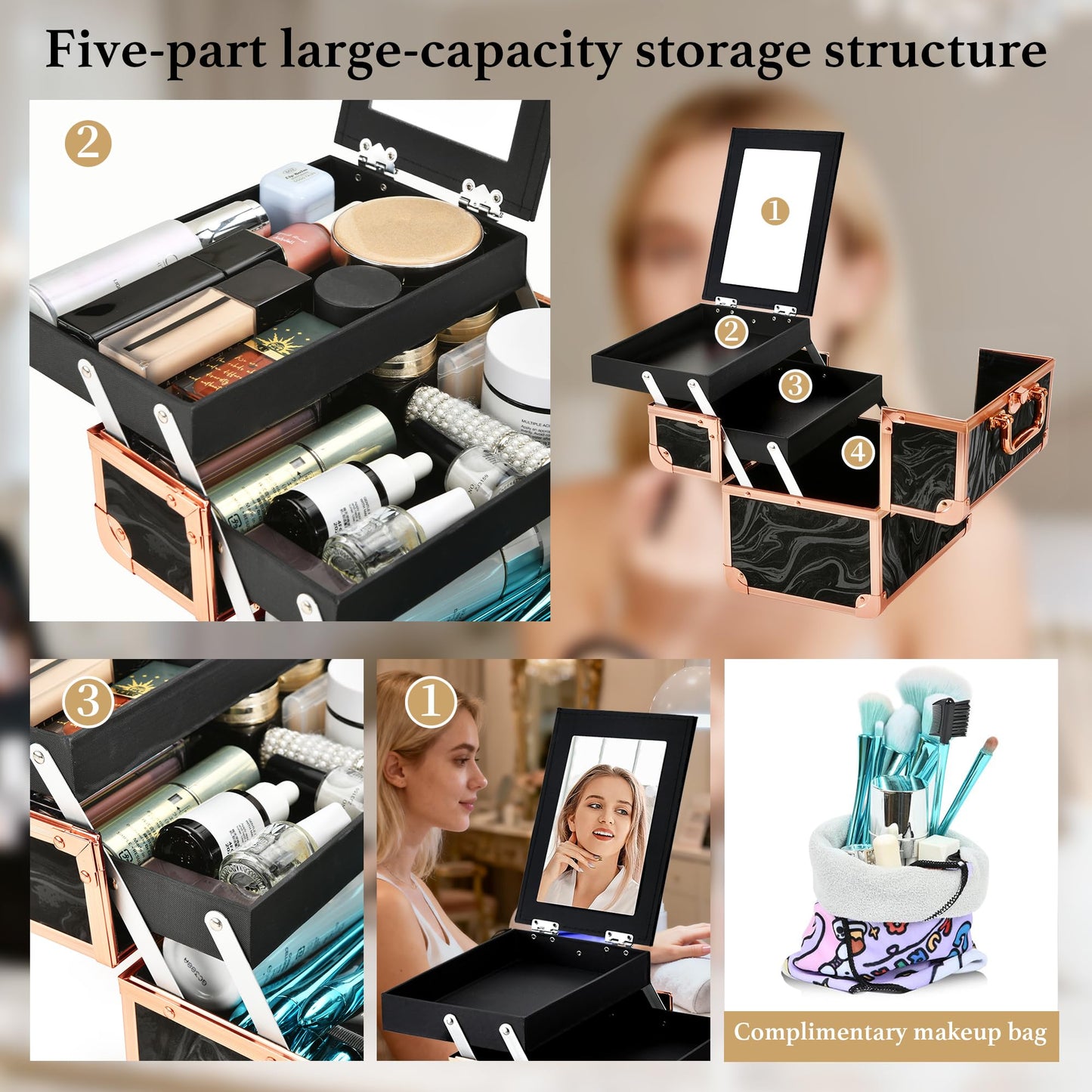 GALHUBIS Makeup Train Case, Portable Makeup Case with Mirror, 2-Trays Cosmetic Organizer Case,Nail Polish Organizer, Travel Makeup Box, Profesional for Salon Barber, Rose Gold Black
