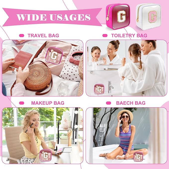 Personalized Initial Letter Clear Preppy Makeup Bag,Mini Nylon Chenille Letter Cosmetic Bag Cute Zipper Pouch Coin Purse for Teen Girls,Portable TSA Approved Travel Essentials Bag Gift for Women,G