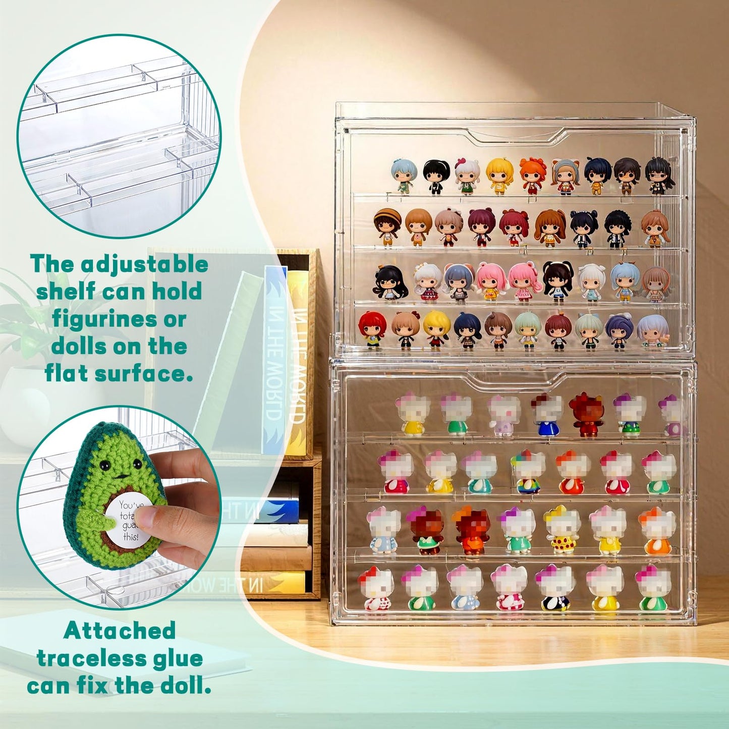 2 Pack Acrylic Display Case, 4 Tier Clear Display Case with Magnetic Door and 3 Adjustable Divider, Stackable Large Figure Display Case for Collectibles Action Figures