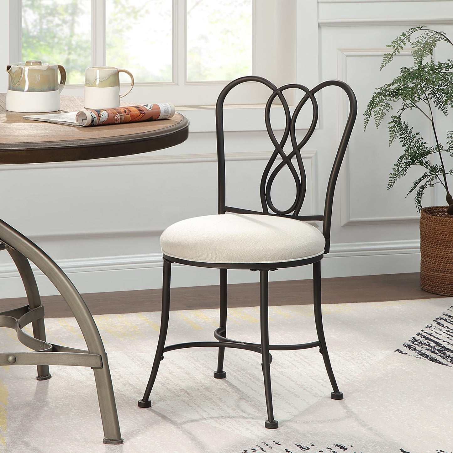 Azalea Park Ornate Iron Bronze Vanity Stool – Cream Upholstered Mid-Back Seat, Sturdy Iron Frame, Stylish Makeup Stool for Bath or Bedroom – Supports 300 lbs, Easy Assembly