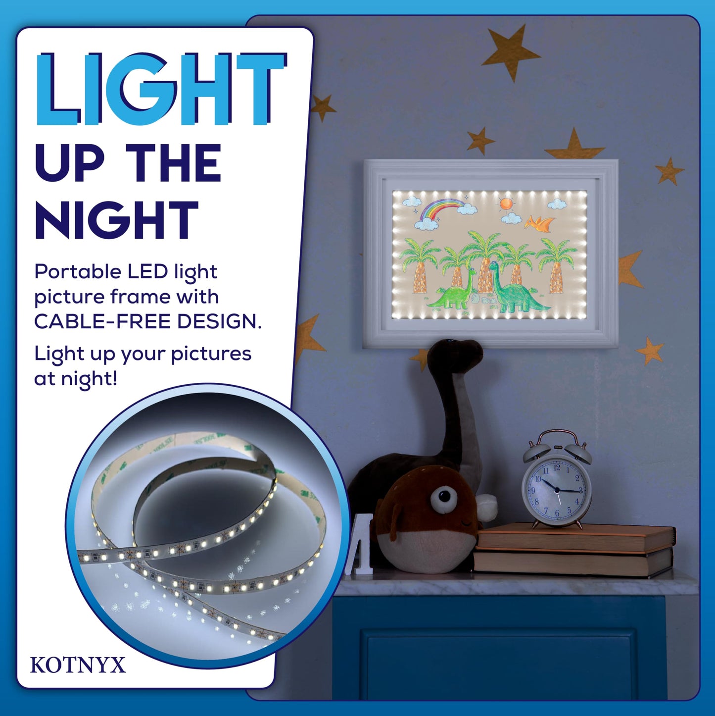 KOTNYX 2 Pack LED Light Kids Artwork Frame - Front Opening Kids Art Display Picture Frame, Holds 100 Pictures, MDF & Shatter-Resistant Glass, Standing Frame/Wall Hanging,13.3x10, Mat 11.6x8.3 (white)