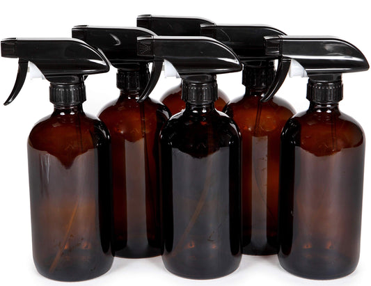 Vivaplex, 6, Large, 16 oz, Empty, Amber Glass Spray Bottles with Black Trigger Sprayers